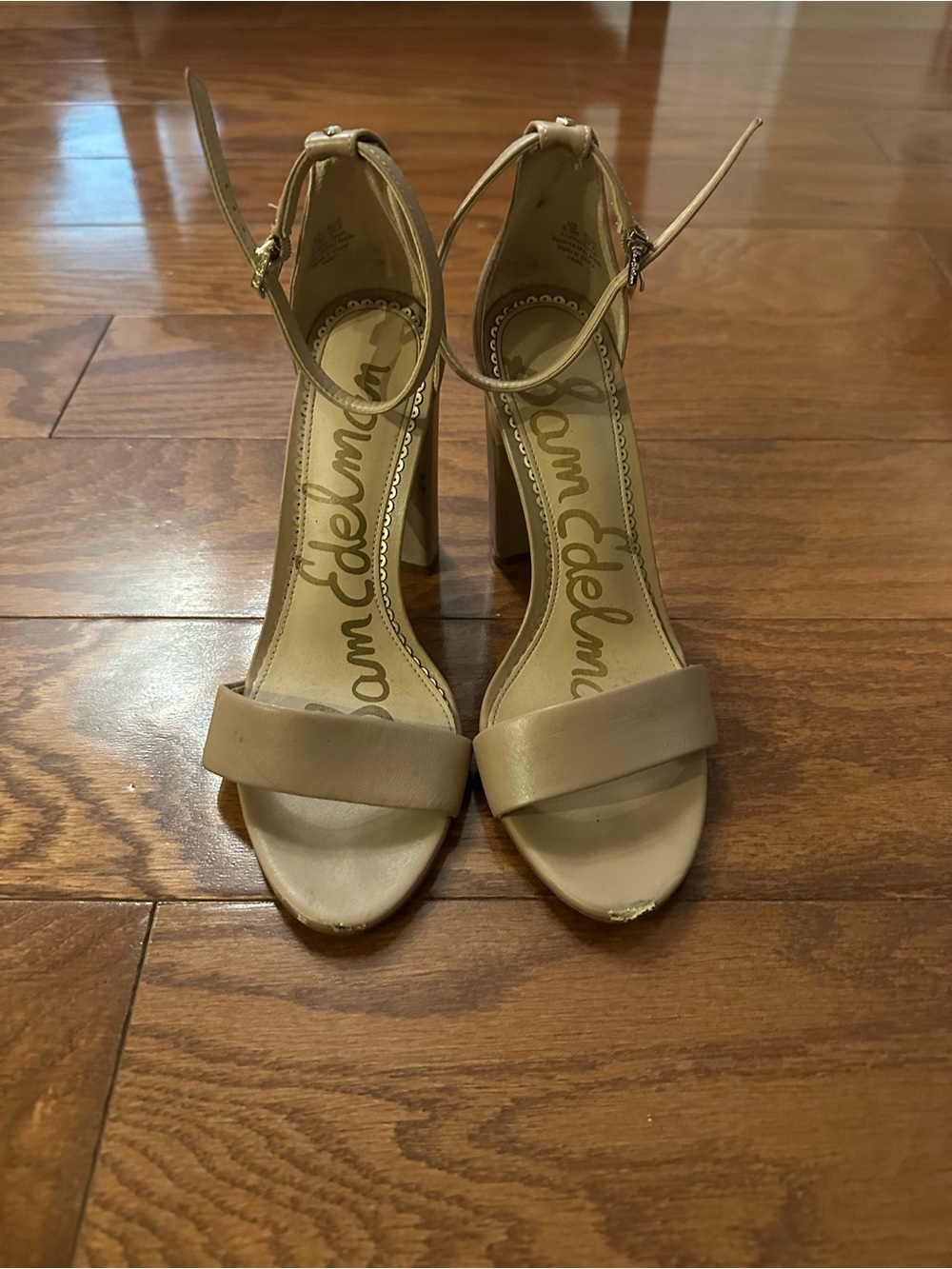 Sam Edelman Nude Beige Ankle-Strap Block Heels